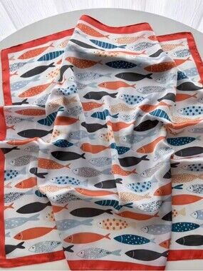 Silk-feel Coral & Navy Fish Pattern Square Scarf - 70*70cm
